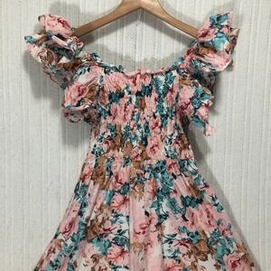 Chic Casual Floral Smocked Off Shoulder Flutter Sleeve Mini Dress‎ Size S